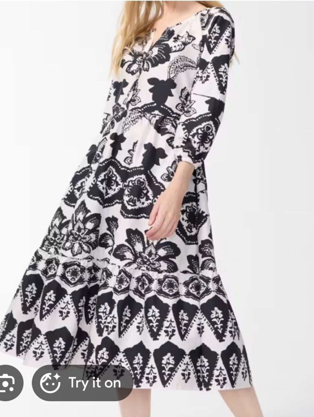 Chico's Poplin Balloon Sleeve Floral Midi Dress 3.5 18 Black White